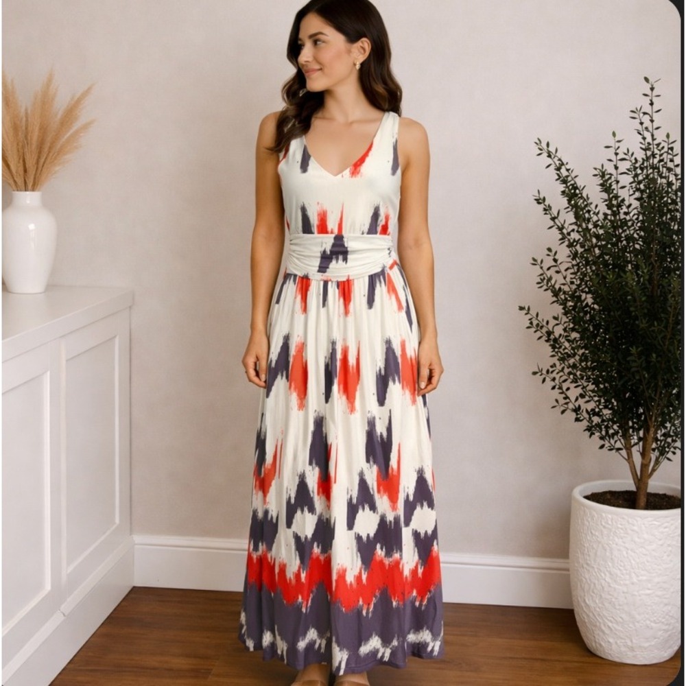 Maeve Maxi Dress XS White Red Grey Ikat Print Sleeveless V-Neck Ruched Boho